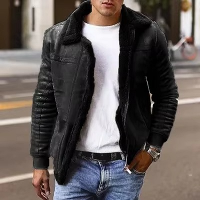 Men's brown faux fur pilot bomber jacket with shearling lining, rugged cold weather silhouette