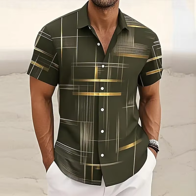 Men's short sleeve button-down shirt with bold 3D geometric plaid print for modern casual style
