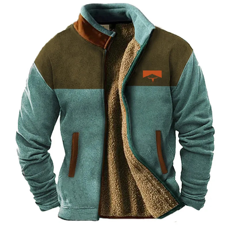 Men's relaxed fit color block sherpa lined fleece jacket with zipper pockets in neutral tones