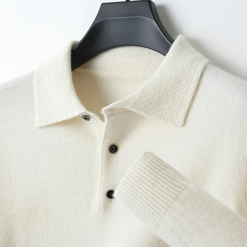 Men's loose fit merino wool polo shirt lightweight breathable classic collar natural ivory