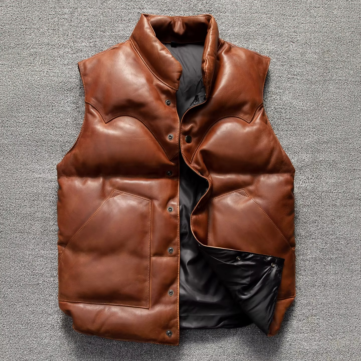 Men's dark brown quilted lambskin leather biker vest with elegant diamond pattern for cold weather