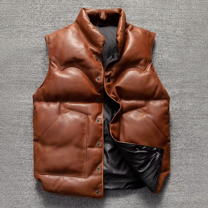 Men's dark brown quilted lambskin leather biker vest with elegant diamond pattern for cold weather