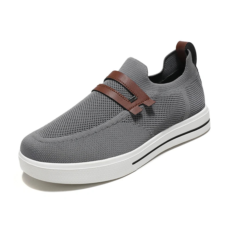 Men's gray slip-on knit mesh sneakers with breathable EVA foam cushioned sole, minimalist coastal style