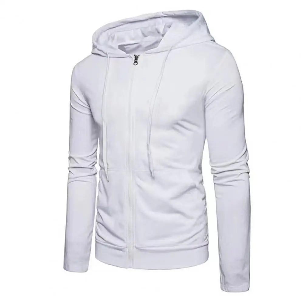 Men's black zip-up street hoodie with attached drawstring hood, clean urban cut for everyday wear