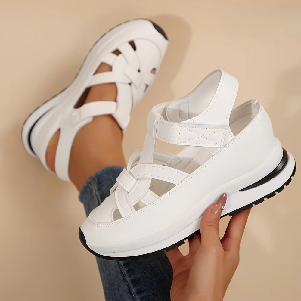 Women's open-toe PU fashion sandals in solid color minimalist style with soft skin-friendly upper