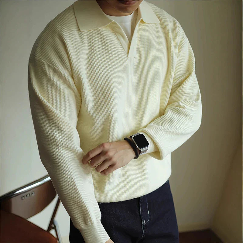 Men's fine-gauge knit polo shirt open V-collar lightweight breathable top in neutral tone