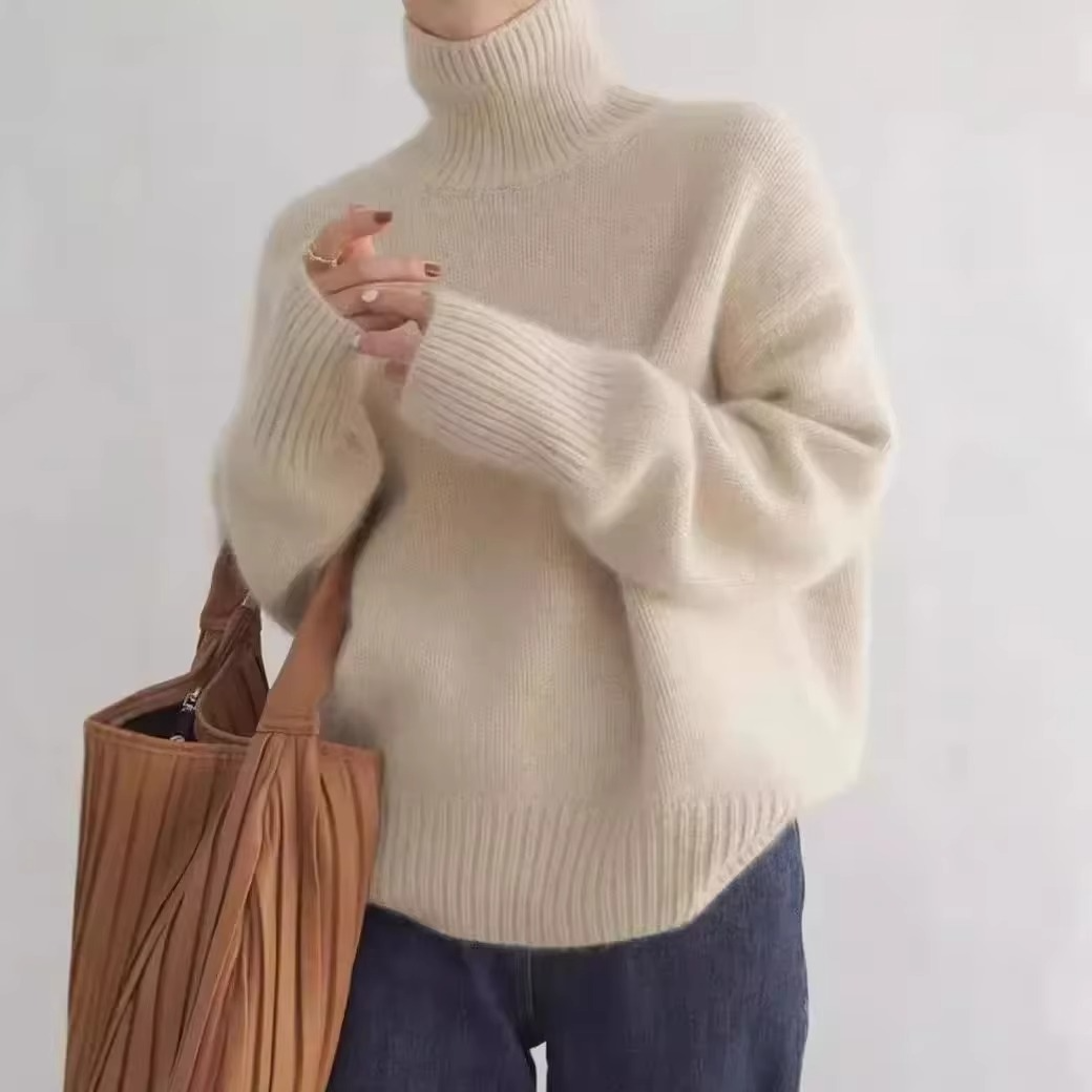 Women's high neck knit sweater cozy loose fit relaxed silhouette polyester blend autumn pullover