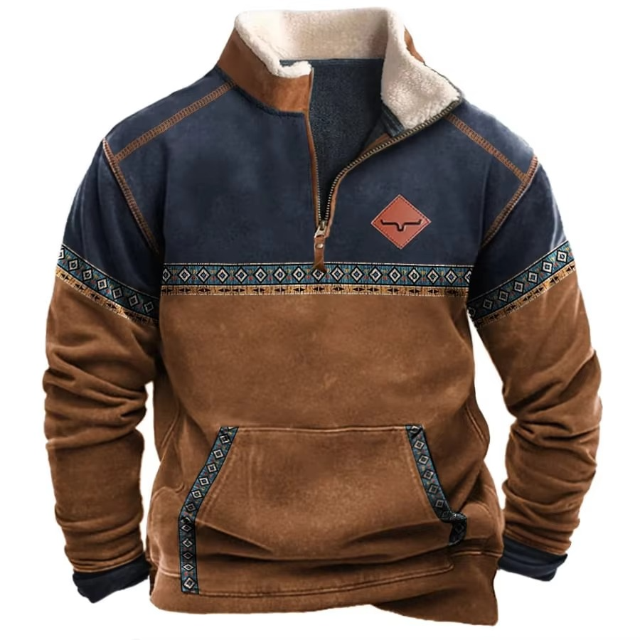 Men's retro 3D printed hooded jacket with leather collar, bold street-style graphics for cold weather