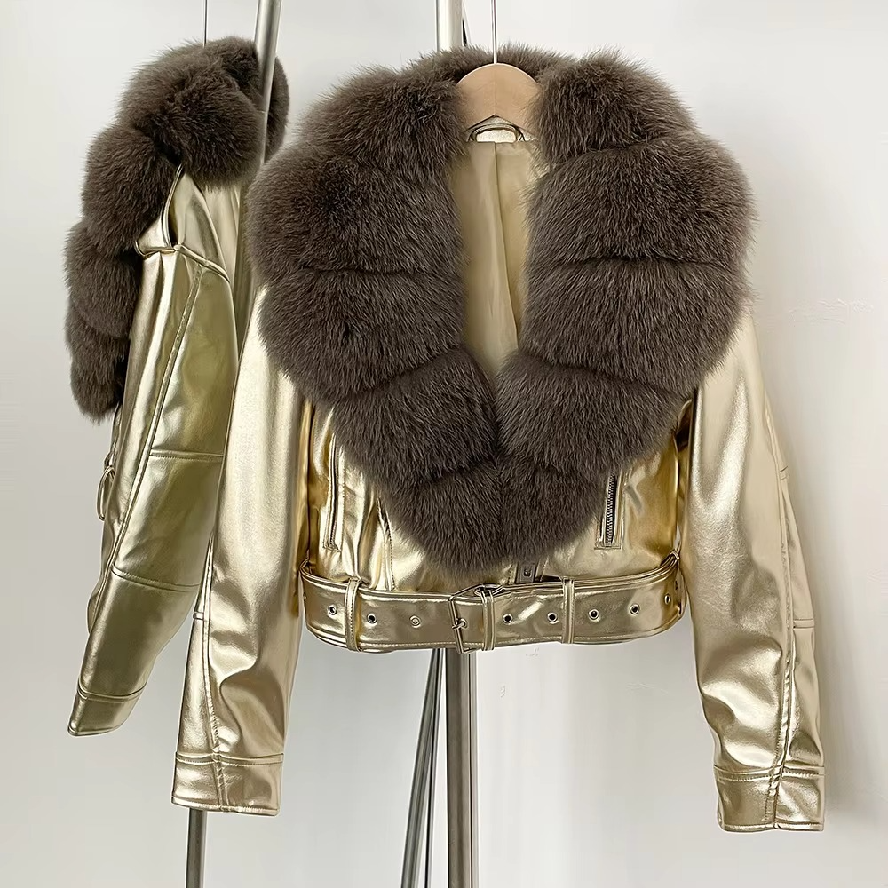 Women's black faux leather coat with faux fur collar, elegant winter style lightweight warmth