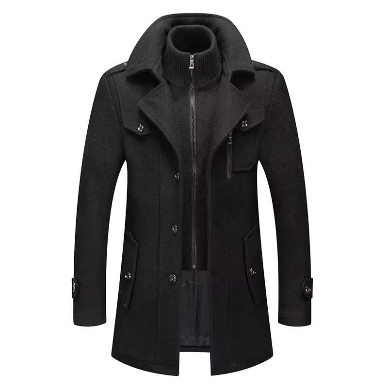 Men's mid-length premium wool trench coat with double collar zipper in classic fall winter style