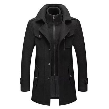 Men's mid-length premium wool trench coat with double collar zipper in classic fall winter style