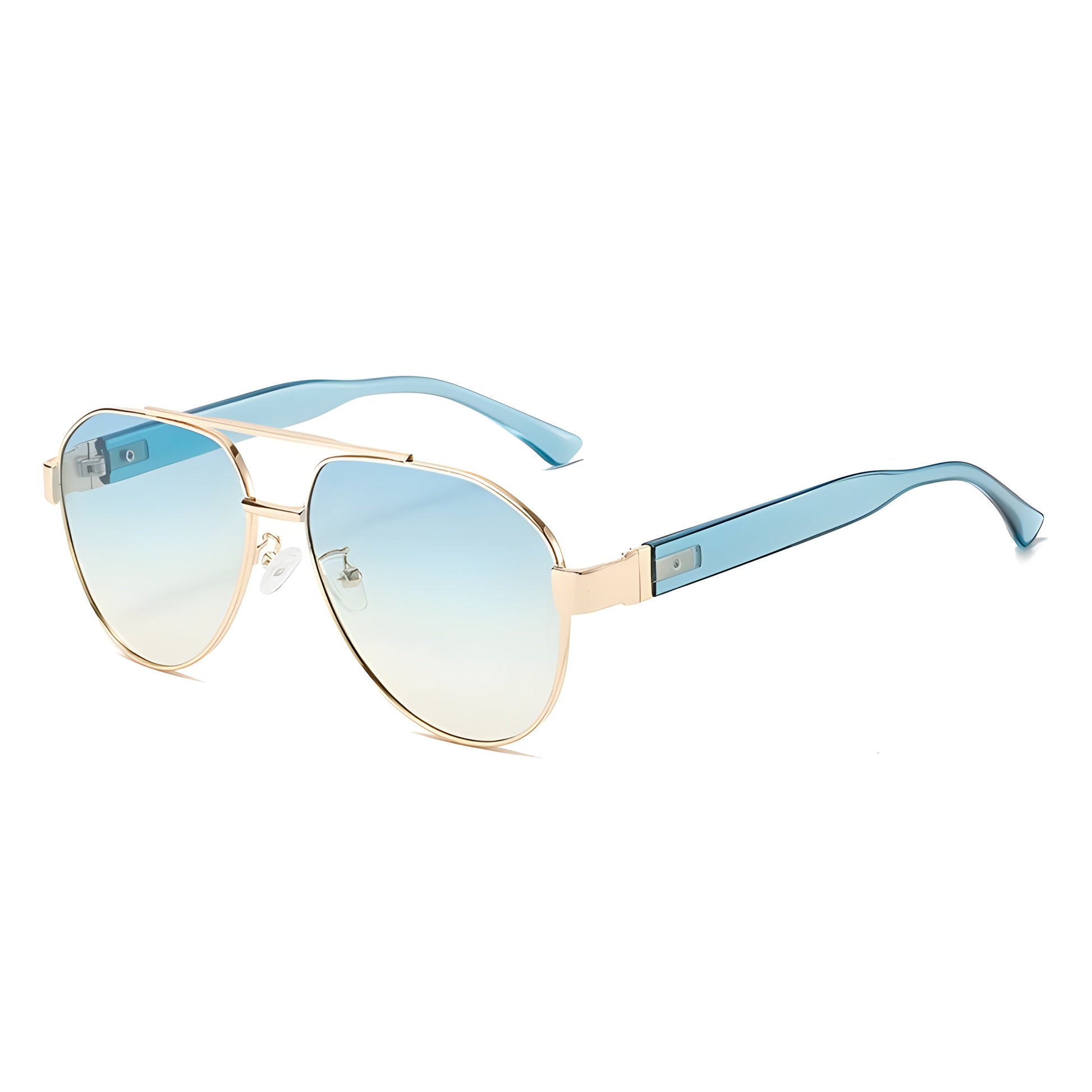 Gold-plated aviator sunglasses with gradient tinted teardrop lenses and black tapered temples