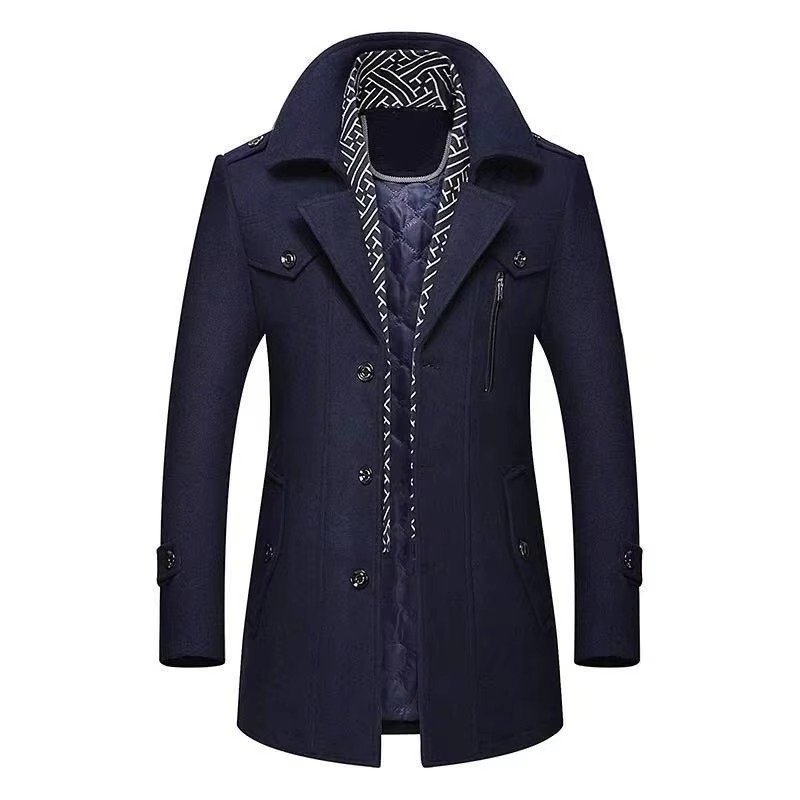 Men's mid-length wool blend winter overcoat with scarf collar, padded insulation, smart-casual fit