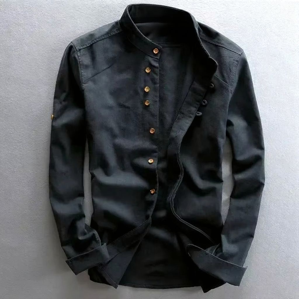 Men's cotton linen stand collar shirt retro Chinese style slim fit long sleeve top sizes M-7XL