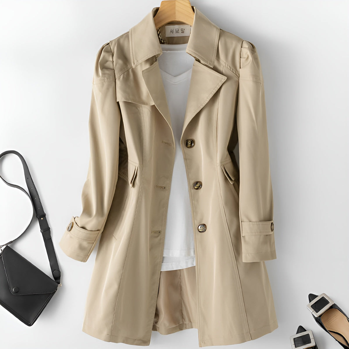 Emery Reed beige open collar trench coat in lightweight weather-resistant cotton blend