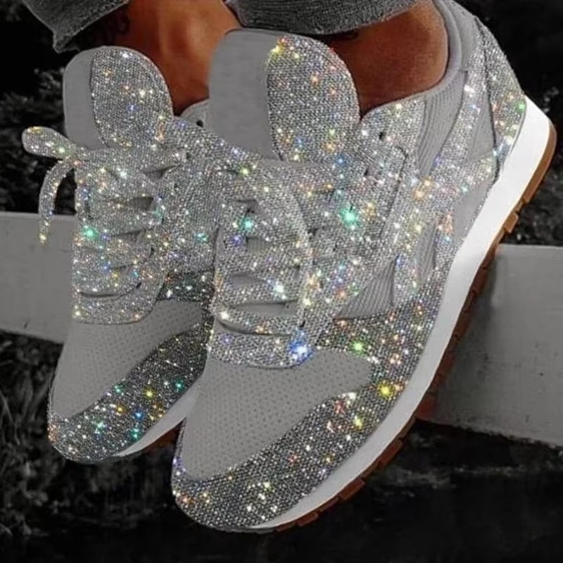 Women's silver glitter mesh platform sneakers with lace-up closure and lightweight breathable upper