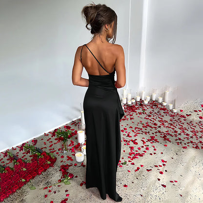 Lily one-shoulder satin dress with ruched waist, sleek asymmetric silhouette for formal evenings