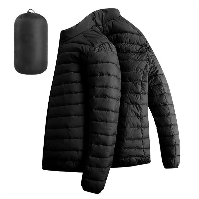 Men's lightweight hooded down jacket with zip pockets, slim urban fit for city commuting