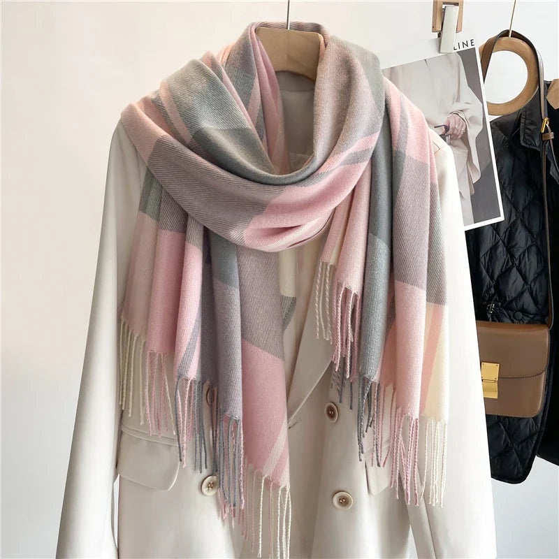Ginevra full-length fringed check scarf in classic plaid pattern with elegant tassel edges