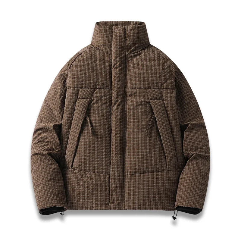 Men's navy quilted parka windproof structured fit with classic plaid texture and tailored silhouette