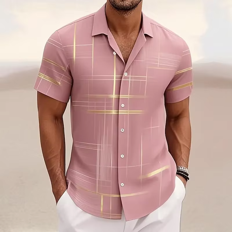 Men's 3D geometric plaid short sleeve button-down shirt bold dimensional print modern casual fit