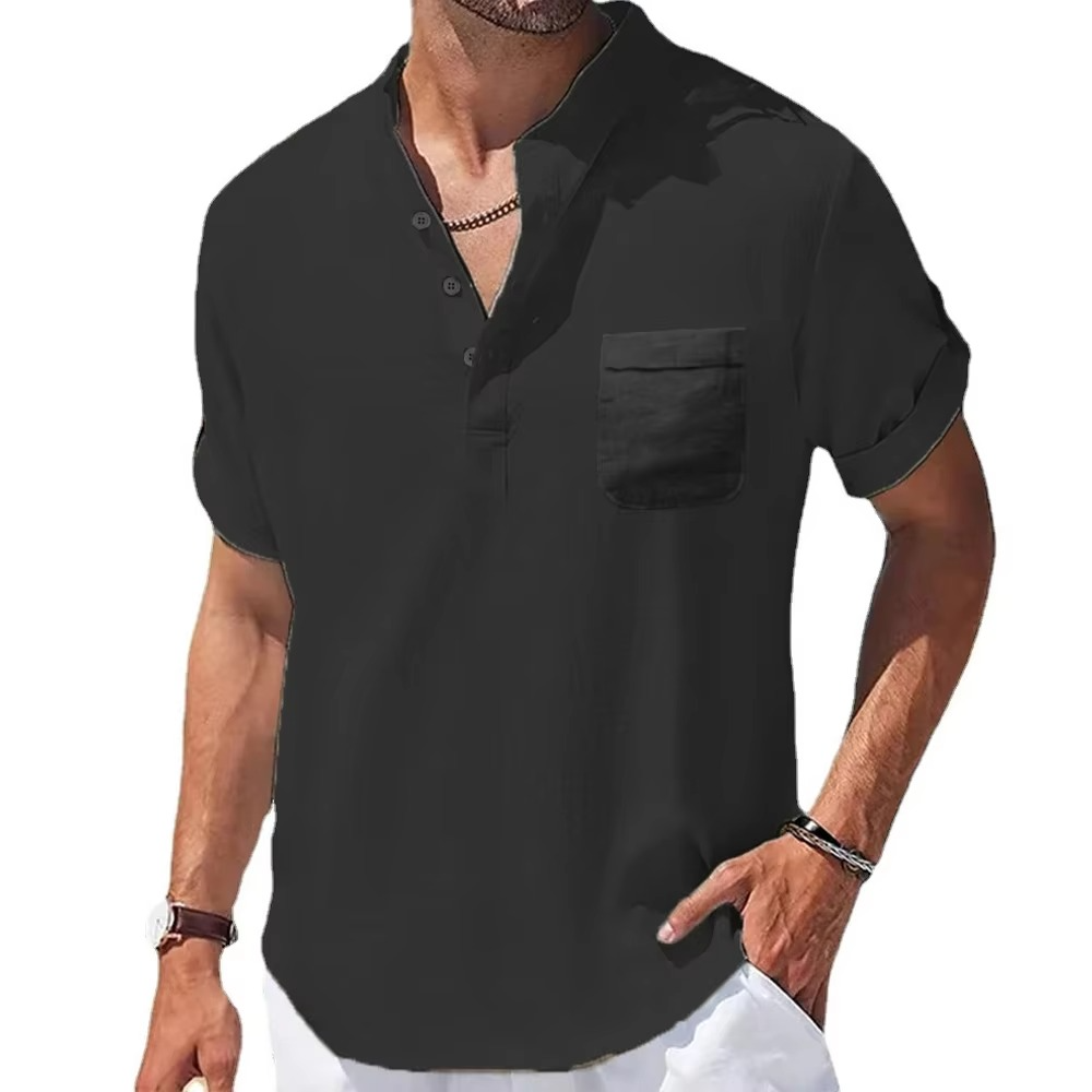 Navy blue men's cotton linen Henley shirt short sleeve casual lightweight breathable summer top