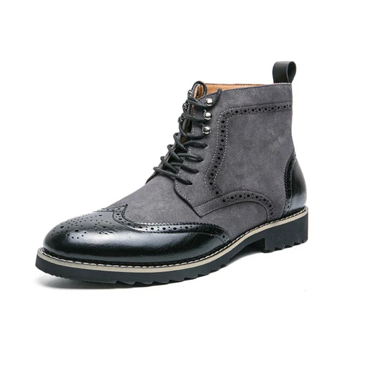 Men's two-tone suede and vegan leather wingtip brogue boots lace-up Oxford style