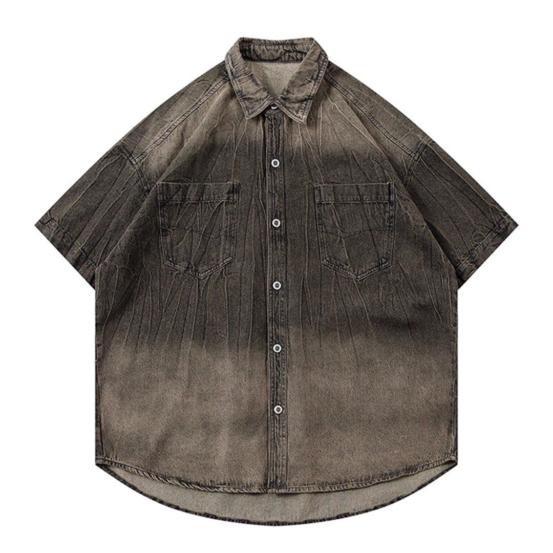 Men's blue denim work shirt regular fit gradient fade wash dual flap chest pockets