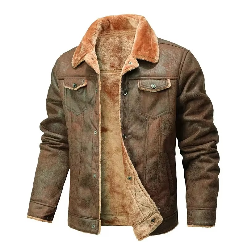 Men's black suede leather winter coat with thick fleece lining, classic cut for cold weather warmth