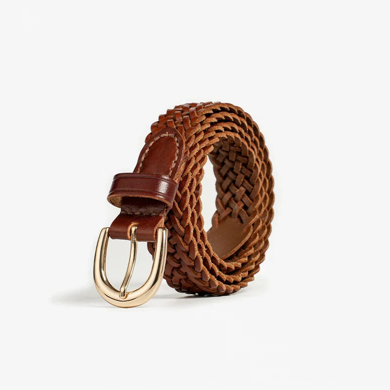 Black vegan leather braided belt with gold metal buckle hardware, slim 2.2cm width classic style
