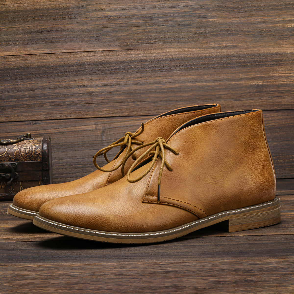 Men's tan vegan leather desert boot classic silhouette with flexible non-slip rubber outsole