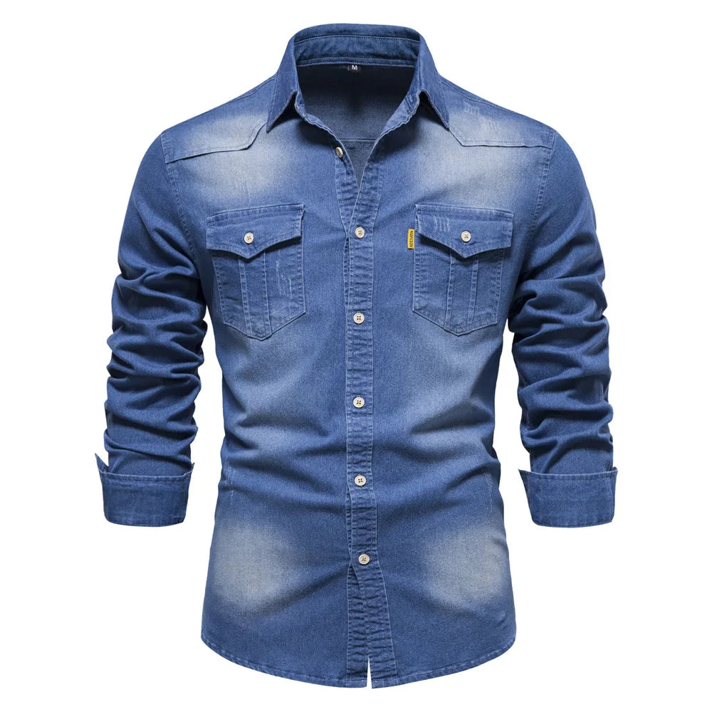 Men's classic casual denim button-up shirt with full-length placket, versatile everyday style S-5XL