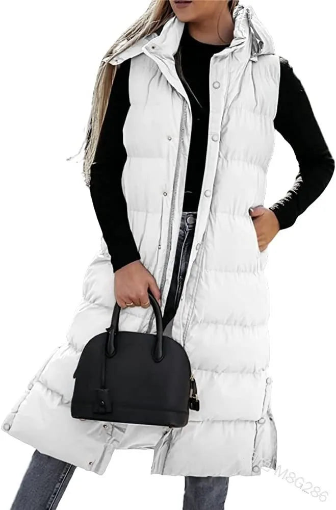 Kathleen long quilted puffer jacket with hood, insulated padding and side slits for all-season warmth