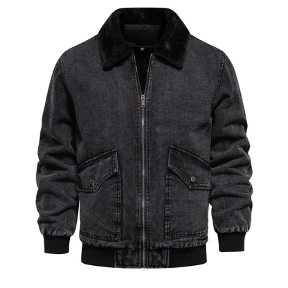 Slim fit denim aviator jacket with sherpa fleece lining and bold contrast lapel collar