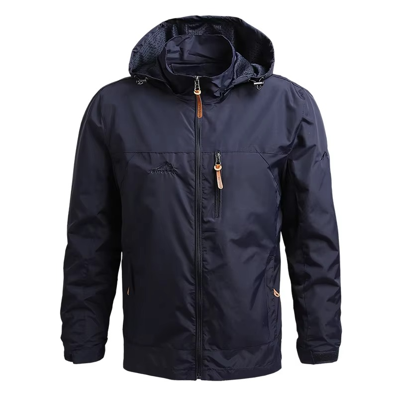 Men's tactical waterproof windbreaker jacket with hood, lightweight weather-resistant outdoor climbing shell
