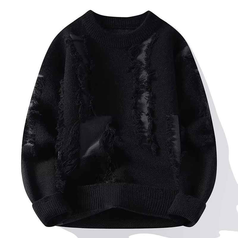 Men's distressed ripped patchwork knit sweater loose fit crew neck pullover with raw edge details