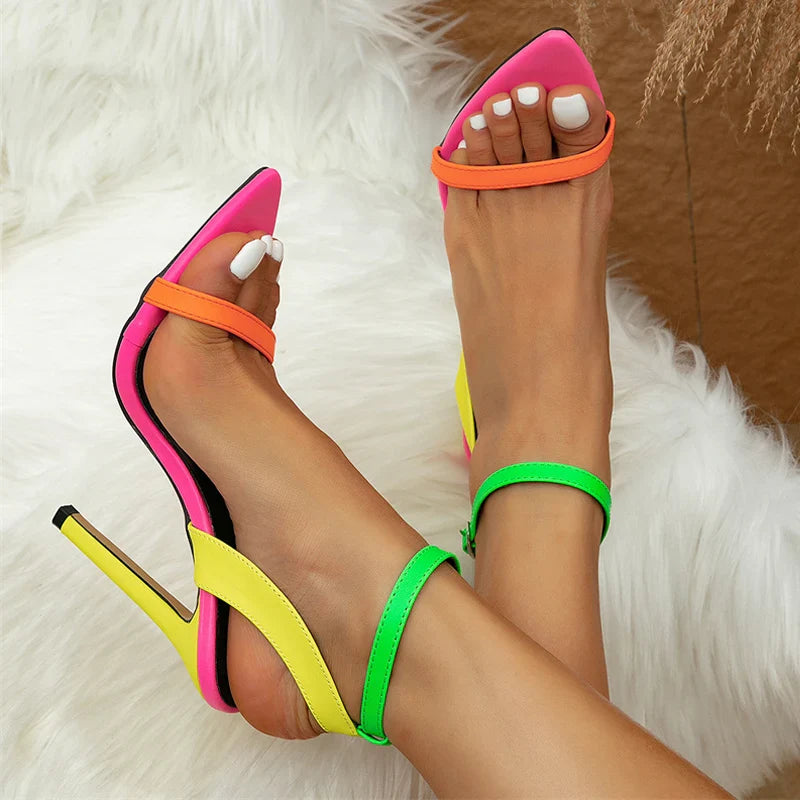 Viviana Mason Miami Stilettos neon high heels by Wavlynn, bold color-block design for nightlife