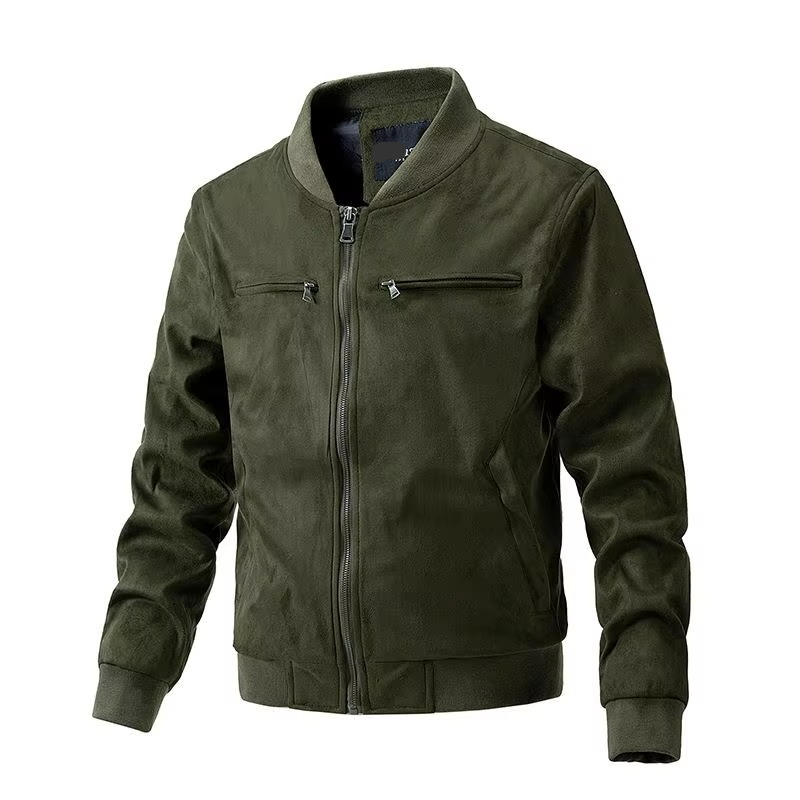 Men's brown suede jacket with stand collar, front zipper closure, lightweight cotton lining for winter warmth