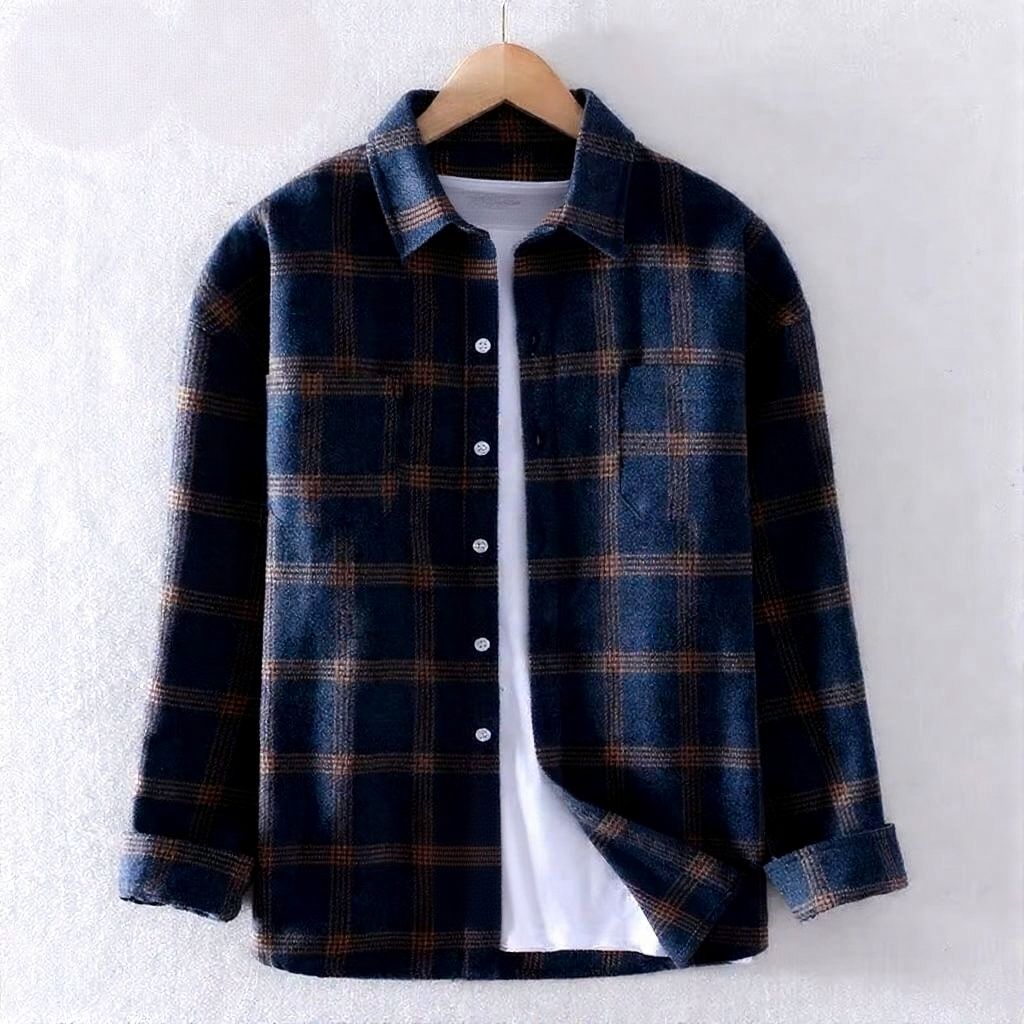 Men's brushed plaid flannel shirt soft cotton casual button-down long sleeve fall winter