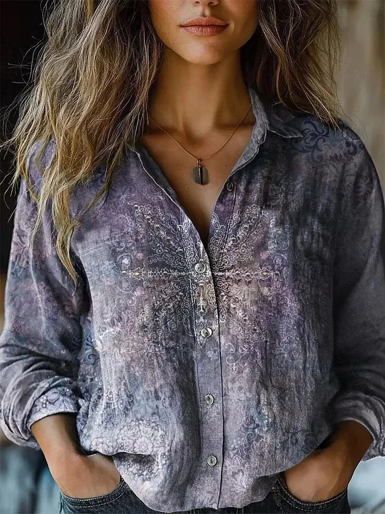 Women's vintage floral button-down shirt in terracotta and dusty rose with tapestry botanical print