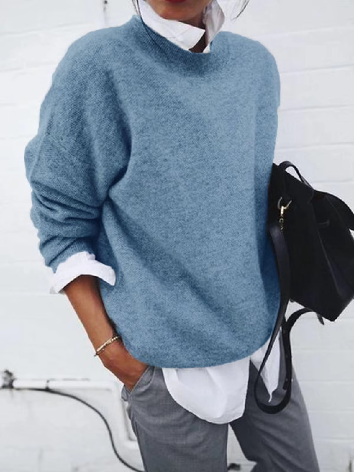 Women's knit pullover with faux shirt collar two-piece look, cozy layered style sweater
