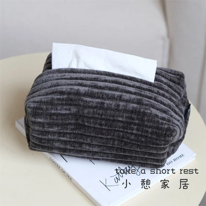 Jacquard corduroy tissue box cover with plush textural nap and subtle woven pattern