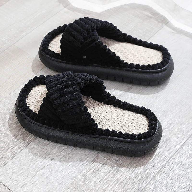 Women's linen slip-on slippers with sculpted cross-band silhouette for breathable everyday comfort