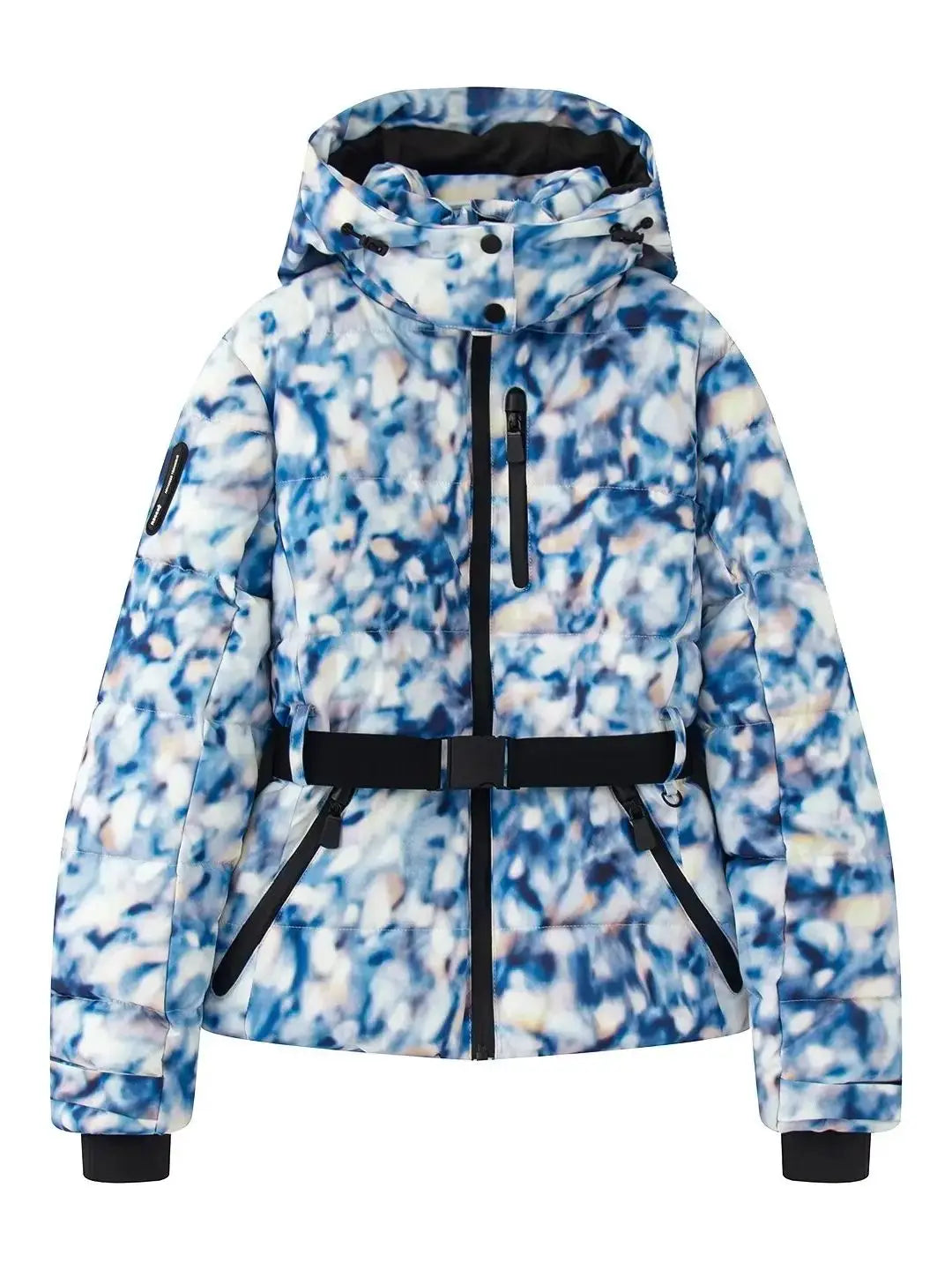 Women's winter belted puffer jacket with metallic finish, slim fit silhouette for cozy warmth