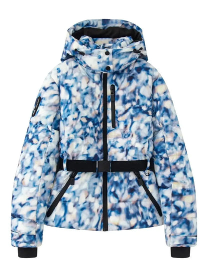 Women's winter belted puffer jacket with metallic finish, slim fit silhouette for cozy warmth