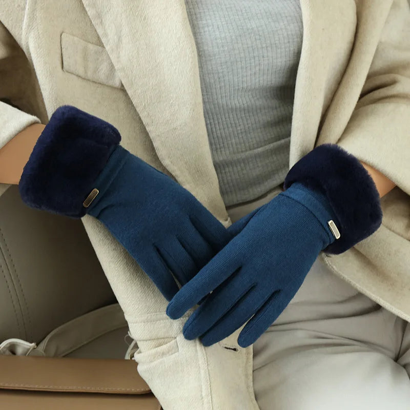 Black fitted women's wrist gloves with faux-fur cuff trim and elegant strap detail