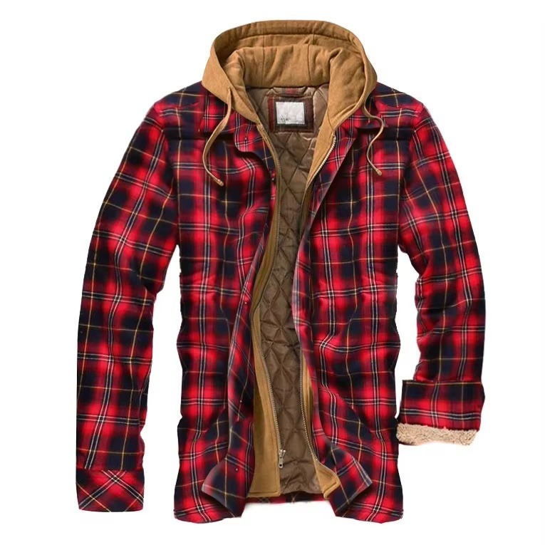 Men's patchwork checkered cotton hooded jacket with thickened blend exterior for casual layering