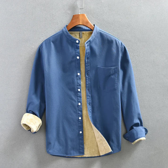 Brycen Shirt navy blue casual button-up cotton flannel with soft velvet lining for smart-casual wear