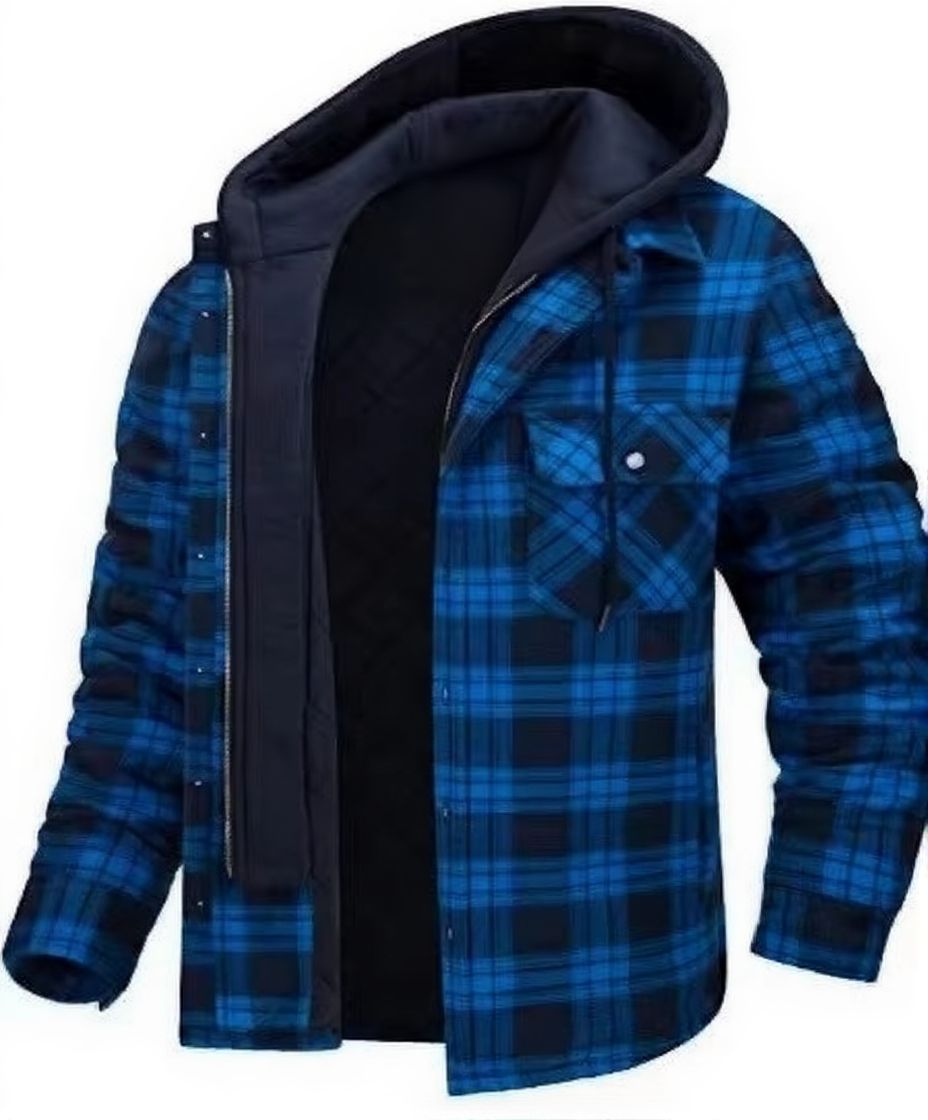 Men's thick plaid hooded winter jacket with quilted insulation for outdoor city wear