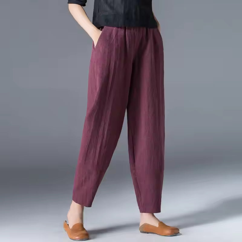 Women's lightweight summer trousers relaxed tapered ankle breathable breezy silhouette